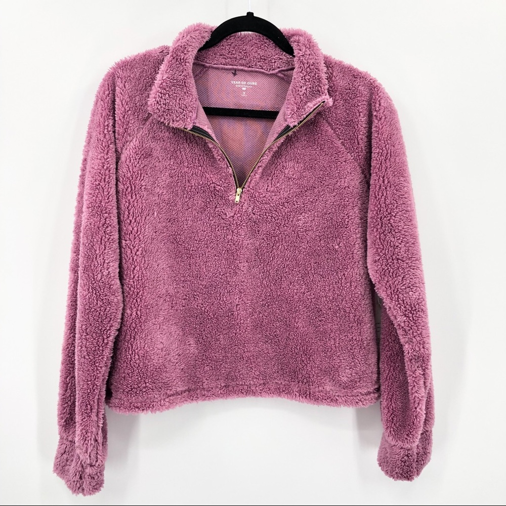 Year Of Ours Sherpa Teddy Vail Crop Desert Pink Quarter Zip Sweater Small - Picture 3 of 9